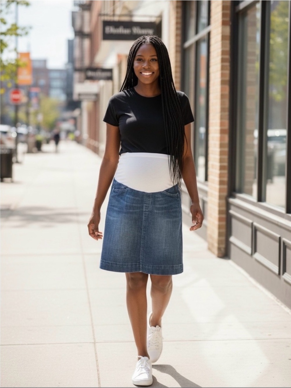 Denim Maternity Knee Length Jean Skirt w/ White Support Panel Blue Small Pockets